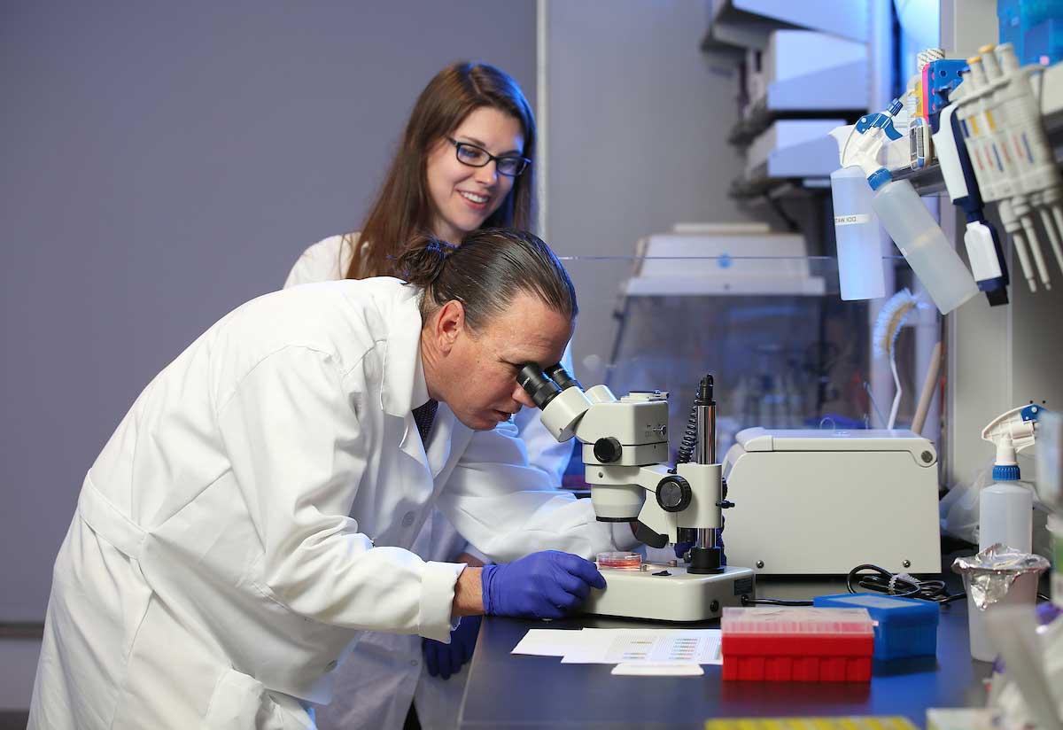 Photo of Dr. Macaluso and BMS student in the lab