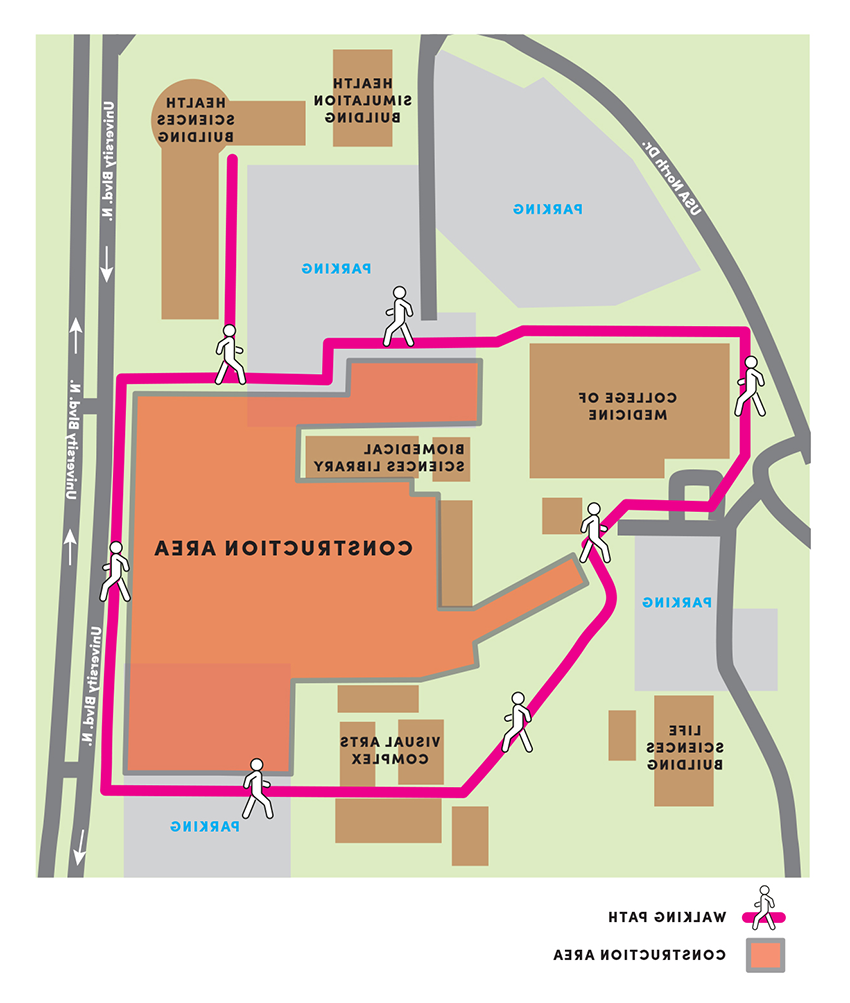 新弗雷德里克P的图形地图展示. 惠登医学院的建设区域位于以下地点之间:现医学院, 生命科学大楼, 视觉艺术综合体, 大学大街.健康科学大楼和健康模拟大楼.